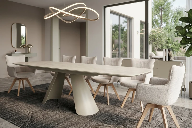 Table à manger extensible VOGUE 160-200-240cm céramique beige travertin métal champagne grège