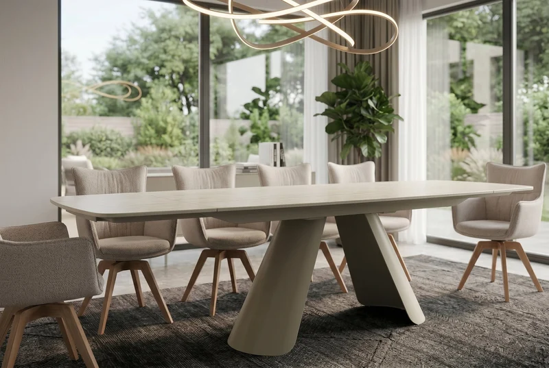 Table à manger extensible VOGUE 160-200-240cm céramique beige travertin métal champagne grège