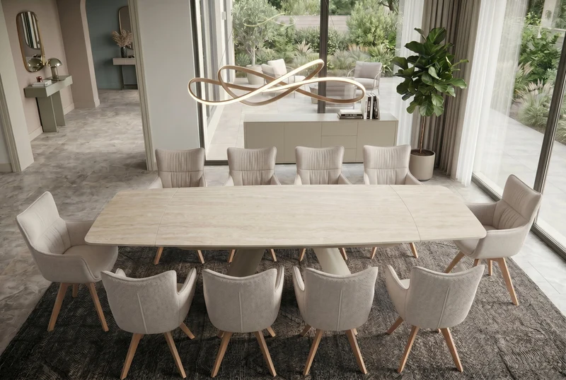 Table à manger extensible VOGUE 160-200-240cm céramique beige travertin métal champagne grège