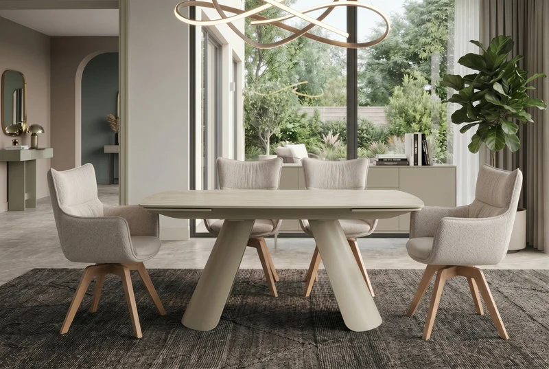Table à manger extensible VOGUE 160-200-240cm céramique beige travertin métal champagne grège
