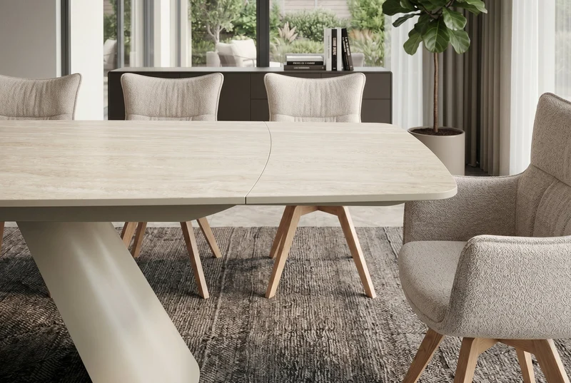 Table à manger extensible VOGUE 160-200-240cm céramique beige travertin métal champagne grège