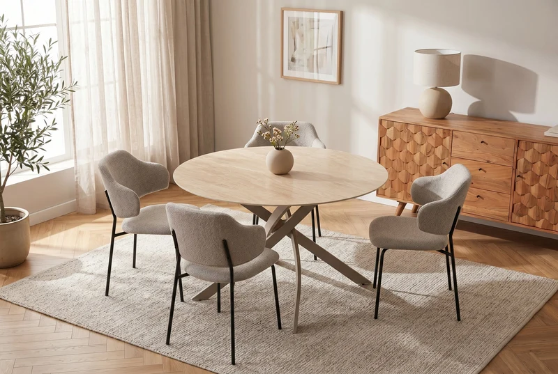 Table à manger ronde ALPINE 120cm céramique travertin naturel métal grège champagne