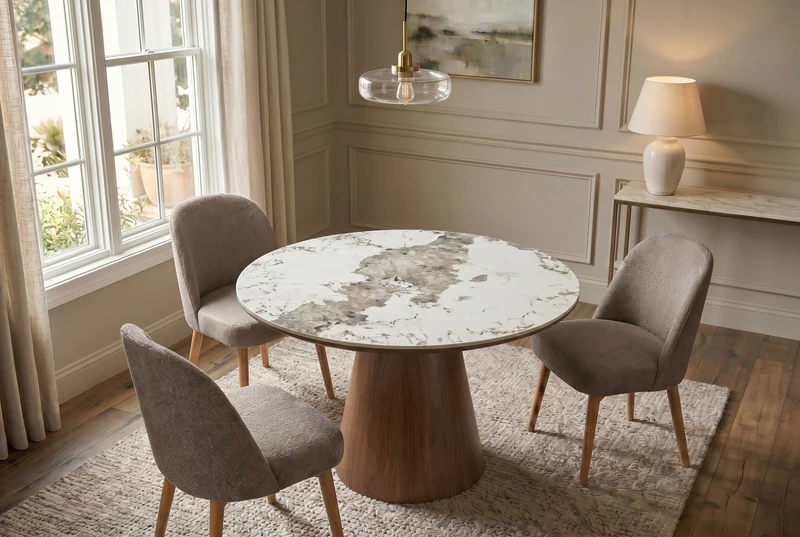 Table à manger ronde UNIQUE 120cm blanc gris marron Pandora piètement pilier en céramique noyer