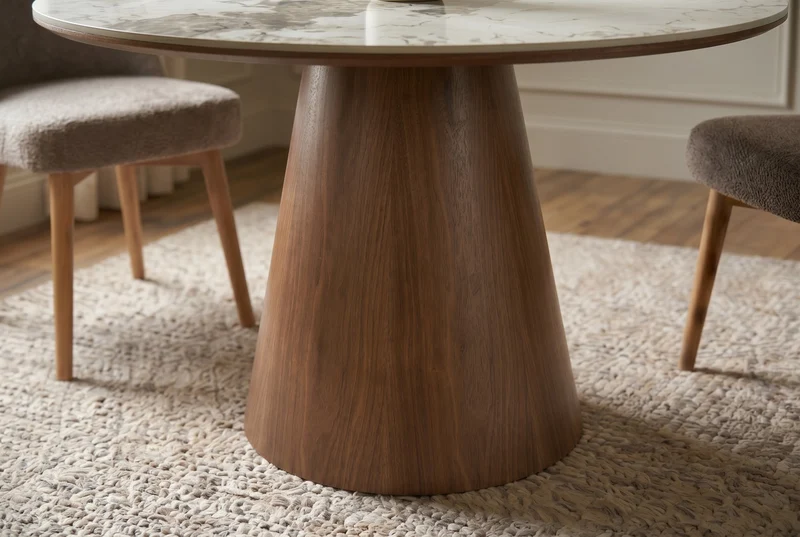 Table à manger ronde UNIQUE 120cm blanc gris marron Pandora piètement pilier en céramique noyer