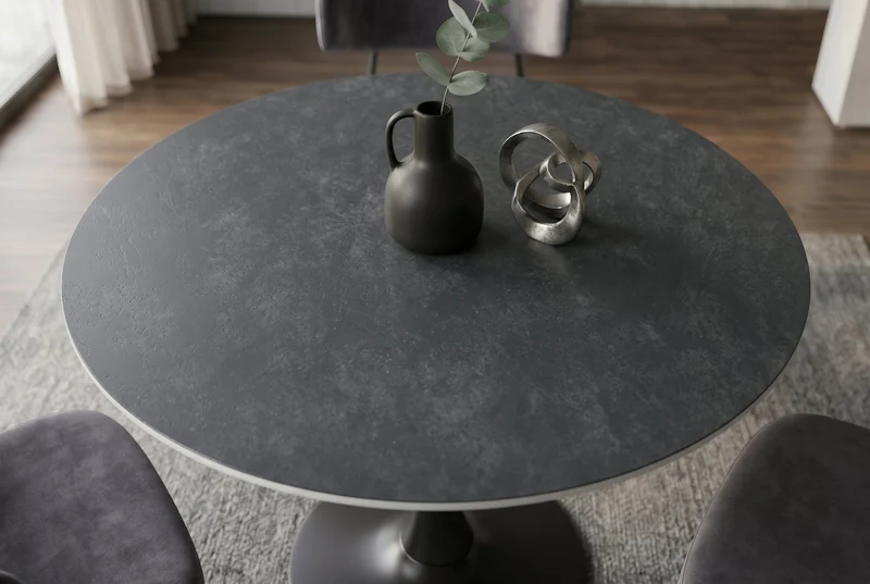 Table à manger ronde LYON 80cm table de bistro en céramique marbre anthracite piètement pilier noir