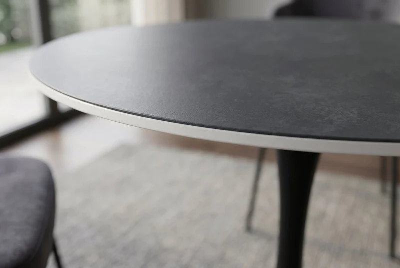 Table à manger ronde LYON 80cm table de bistro en céramique marbre anthracite piètement pilier noir