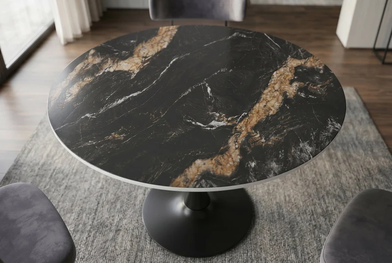 Table à manger ronde LYON 80cm noir doré sable Aurora Oro table de bistrot en céramique piètement pilier