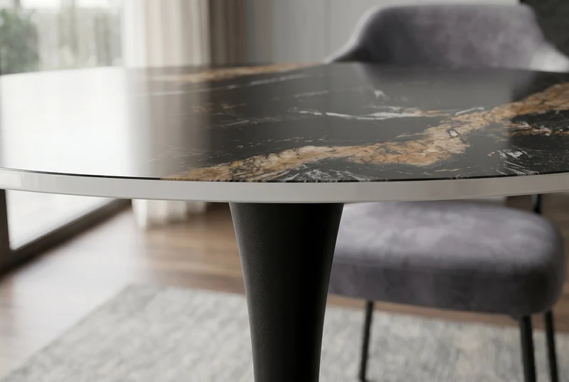 Table à manger ronde LYON 80cm noir doré sable Aurora Oro table de bistrot en céramique piètement pilier