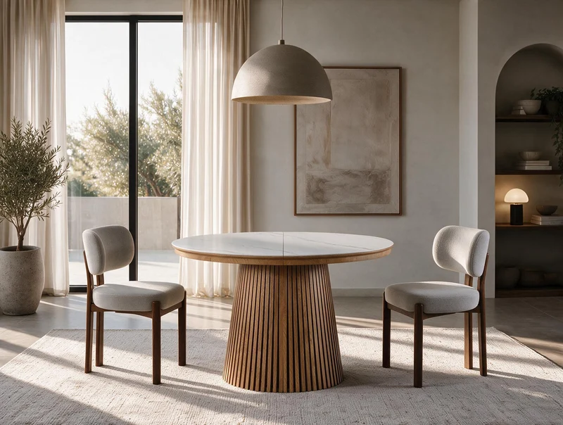 Table extensible NOMA Ø 120 à 200 cm – Plateau céramique effet marbre & piètement en bois rainuré