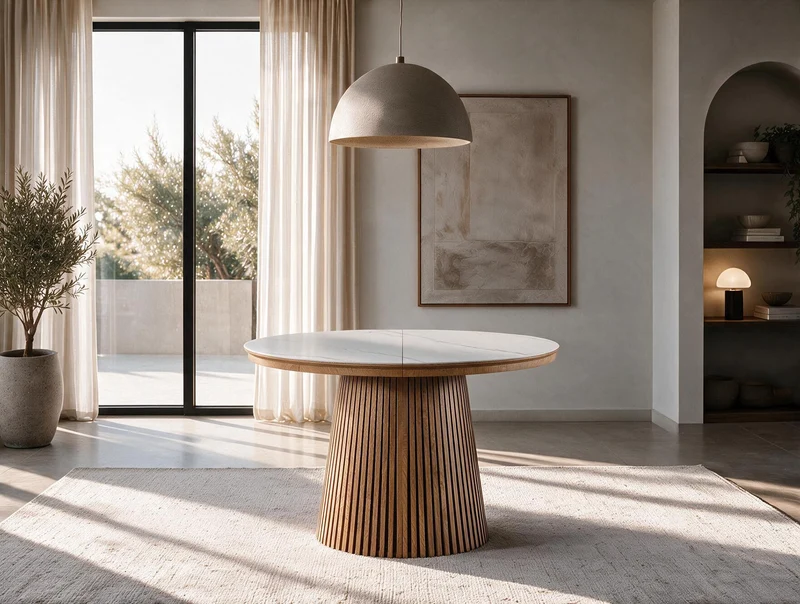 Table extensible NOMA Ø 120 à 200 cm – Plateau céramique effet marbre & piètement en bois rainuré