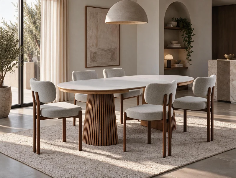 Table extensible NOMA Ø 120 à 200 cm – Plateau céramique effet marbre & piètement en bois rainuré