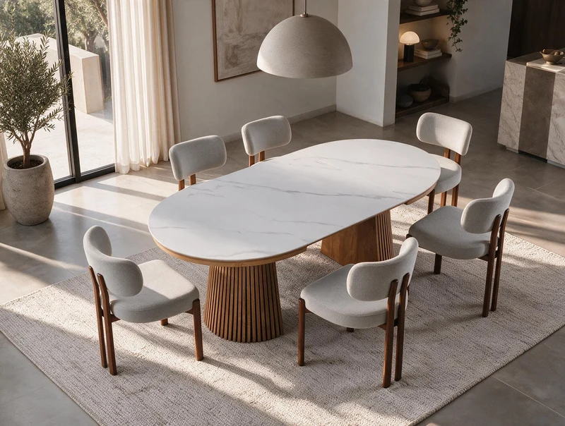 Table extensible NOMA Ø 120 à 200 cm – Plateau céramique effet marbre & piètement en bois rainuré