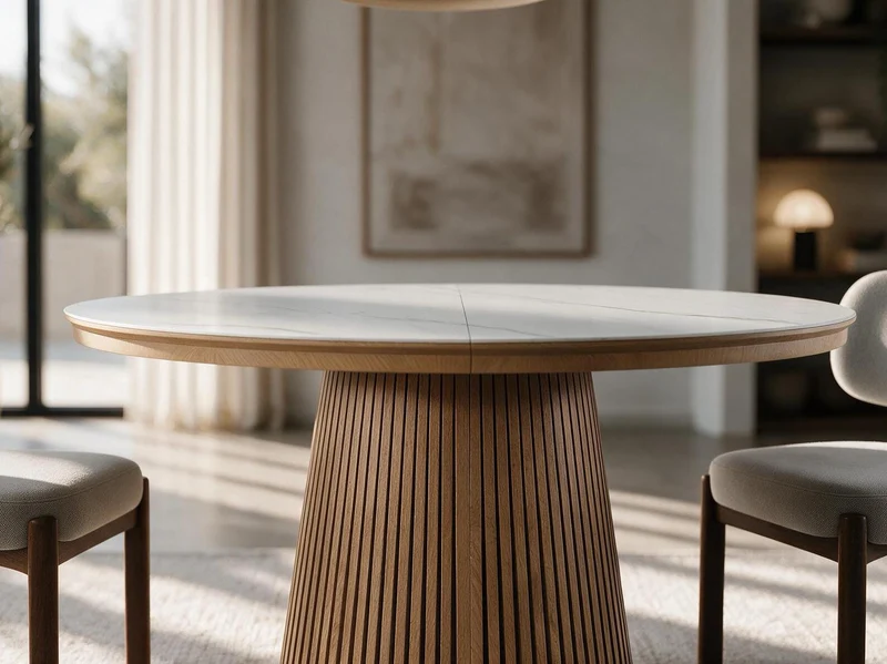 Table extensible NOMA Ø 120 à 200 cm – Plateau céramique effet marbre & piètement en bois rainuré