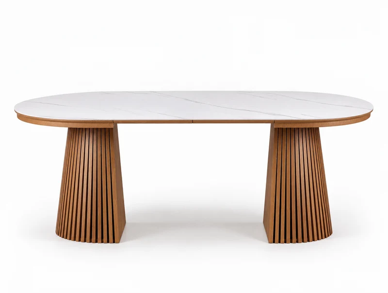 Table extensible NOMA Ø 120 à 200 cm – Plateau céramique effet marbre & piètement en bois rainuré