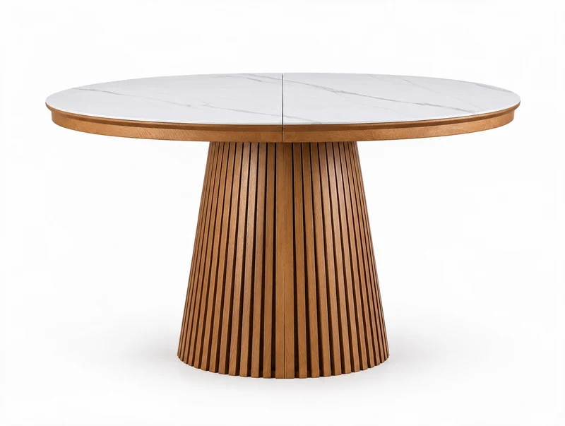 Table extensible NOMA Ø 120 à 200 cm – Plateau céramique effet marbre & piètement en bois rainuré