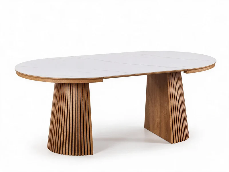 Table extensible NOMA Ø 120 à 200 cm – Plateau céramique effet marbre & piètement en bois rainuré