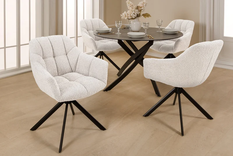 Lot de 2x chaises pivotante PAPILLON en bouclé blanc avec accoudoirs, structure en métal noir