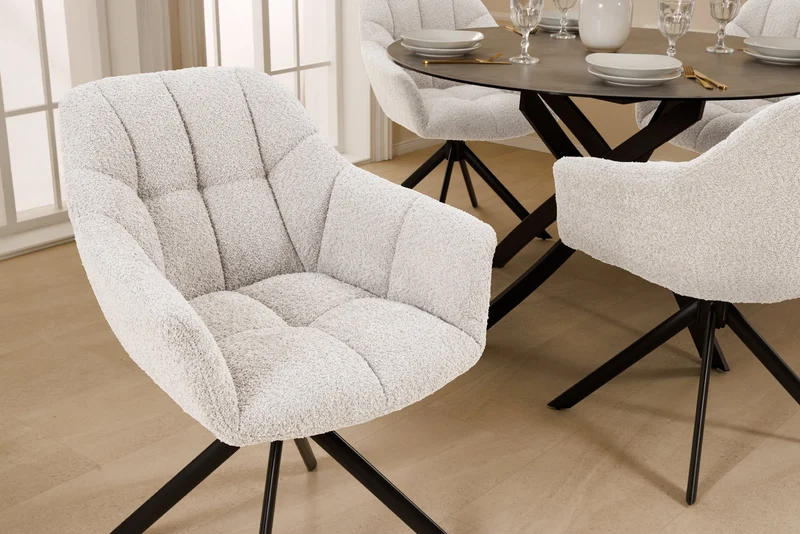 Lot de 2x chaises pivotante PAPILLON en bouclé blanc avec accoudoirs, structure en métal noir