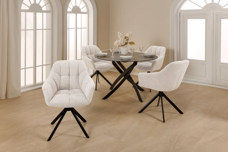 Lot de 2x chaises pivotante PAPILLON en bouclé blanc avec accoudoirs, structure en métal noir