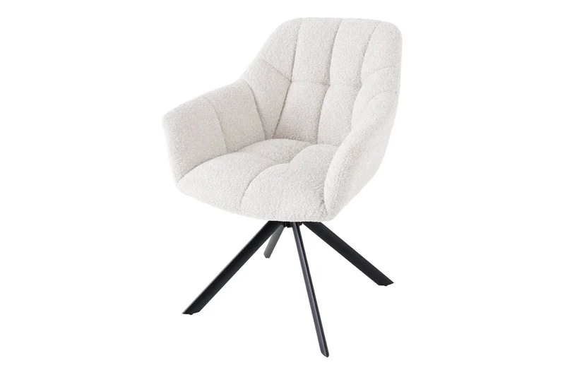 Lot de 2x chaises pivotante PAPILLON en bouclé blanc avec accoudoirs, structure en métal noir
