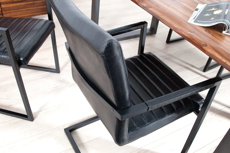 Lot de 2x chaises cantilever industrielle LOFT en simili cuir noir antique avec accoudoirs en acier inoxydable