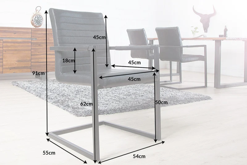 Lot de 2x chaises cantilever industrielle LOFT en simili cuir noir antique avec accoudoirs en acier inoxydable