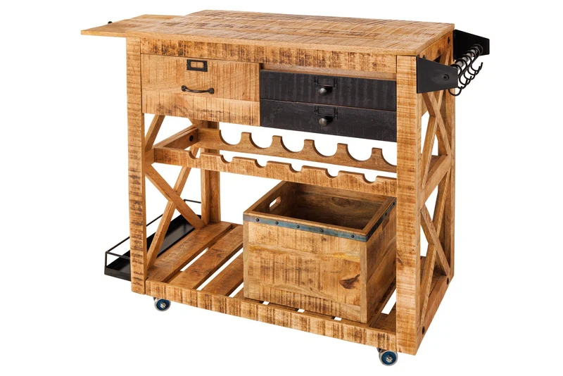 Meuble bar industriel BODEGA Chariot de service en manguier 86cm avec casier à bouteilles et suspension