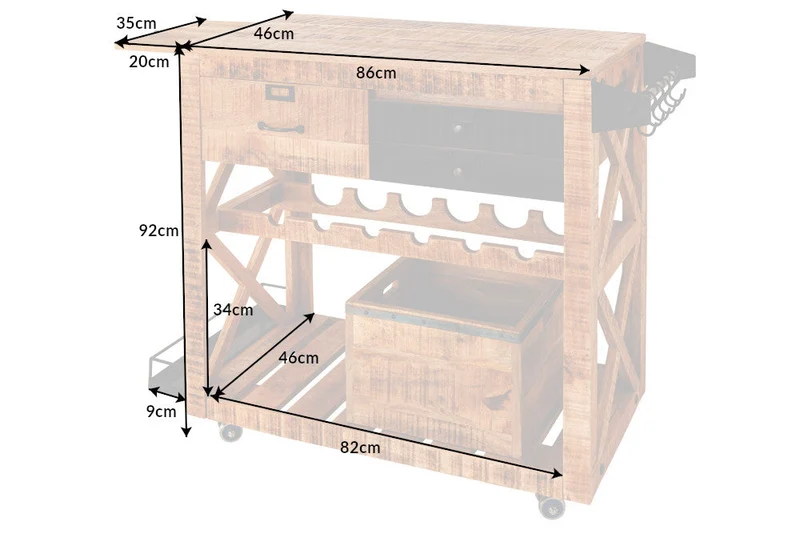 Meuble bar industriel BODEGA Chariot de service en manguier 86cm avec casier à bouteilles et suspension