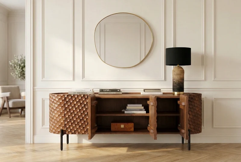 Meuble TV massif ADLON 160 cm en manguier marron métal noir avec façade 3D