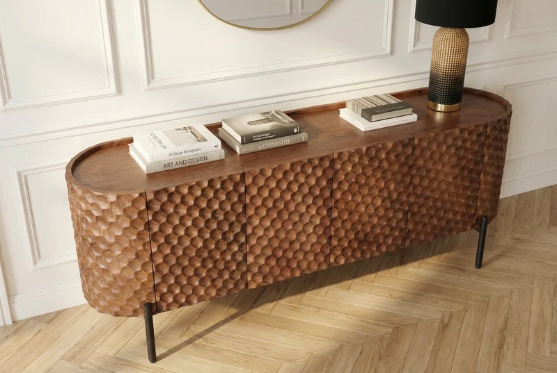 Meuble TV massif ADLON 160 cm en manguier marron métal noir avec façade 3D