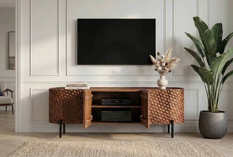 Meuble TV massif ADLON 160 cm en manguier marron métal noir avec façade 3D