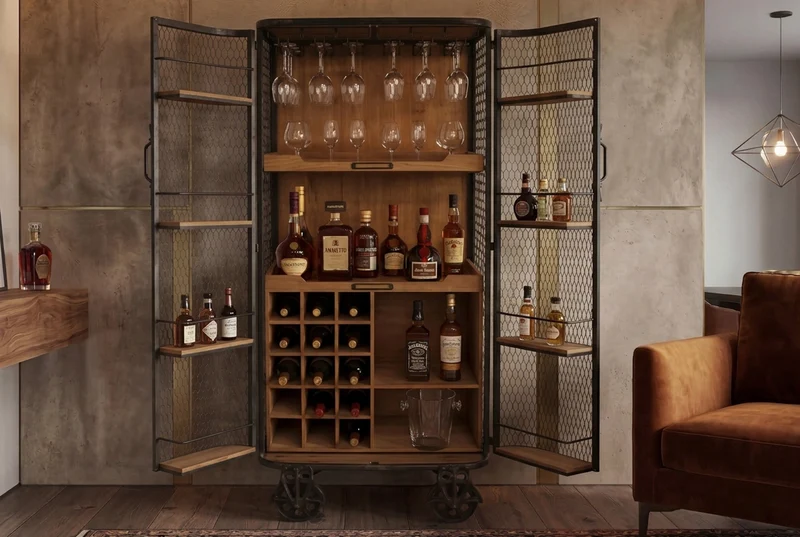 Meuble bar design LOFT 150cm bois de pin naturel métal avec étagère à bouteilles