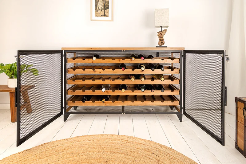 Planche à vin design BODEGA 130cm casier à bouteilles en métal et bois de sapin noir naturel