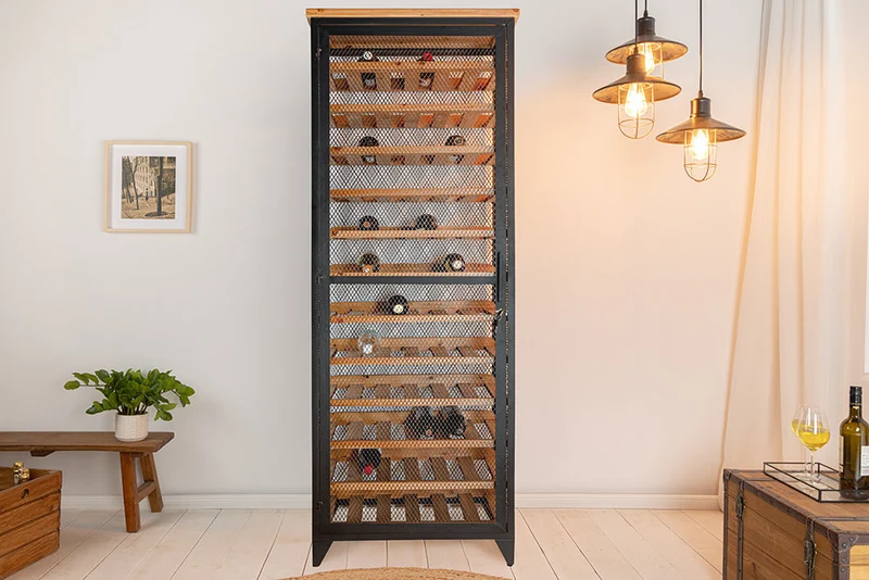 Cave à vin design BODEGA 185cm casier à bouteilles en métal bois de sapin noir naturel