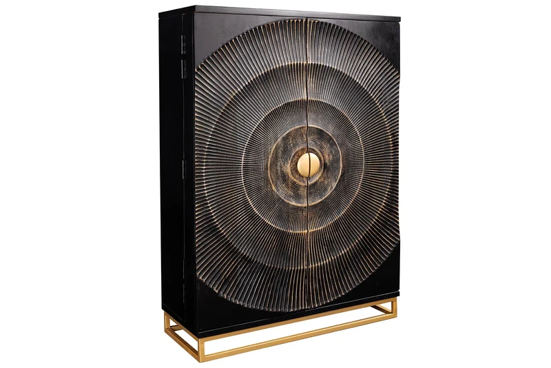 Meuble bar artisanal GOLDEN SUNSET 140cm noir doré bois de manguier massif