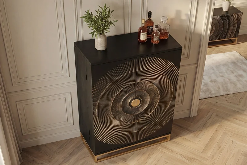 Meuble bar artisanal GOLDEN SUNSET 140cm noir doré bois de manguier massif