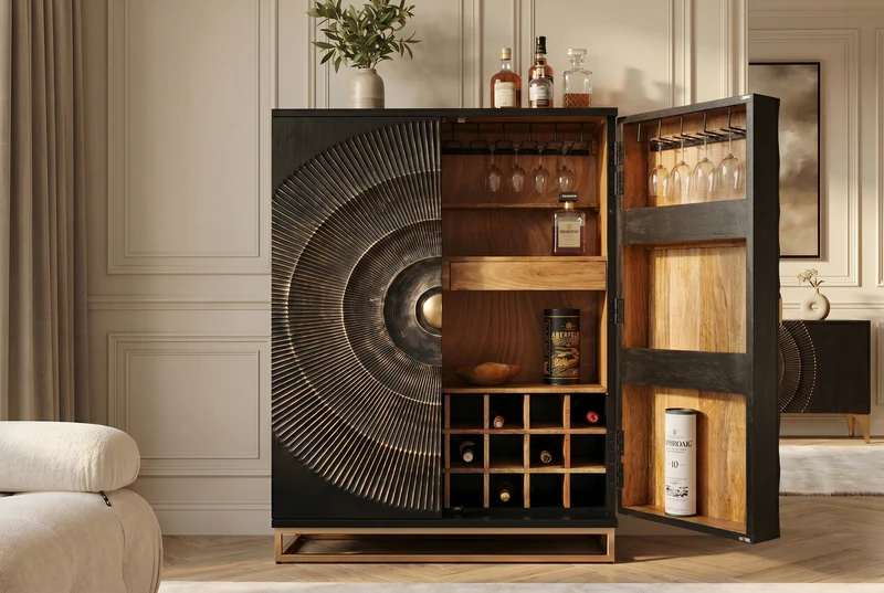 Meuble bar artisanal GOLDEN SUNSET 140cm noir doré bois de manguier massif