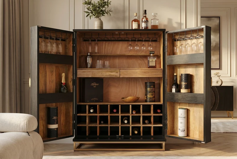 Meuble bar artisanal GOLDEN SUNSET 140cm noir doré bois de manguier massif
