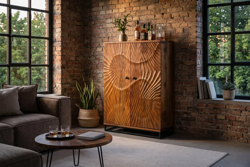 Meuble bar massif SCORPION 141cm en bois de manguier marron avec sculptures 3D élaborées