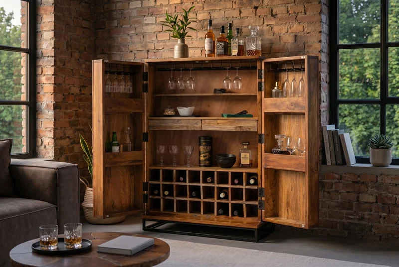 Meuble bar massif SCORPION 141cm en bois de manguier marron avec sculptures 3D élaborées