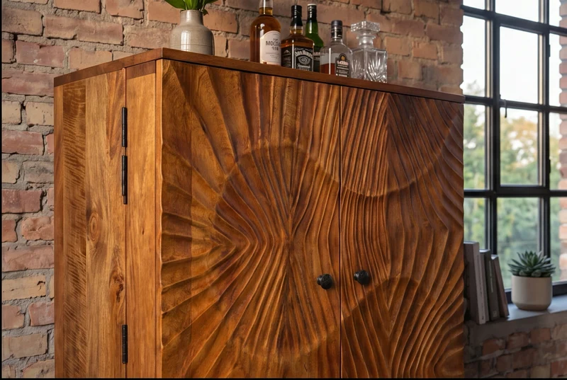 Meuble bar massif SCORPION 141cm en bois de manguier marron avec sculptures 3D élaborées