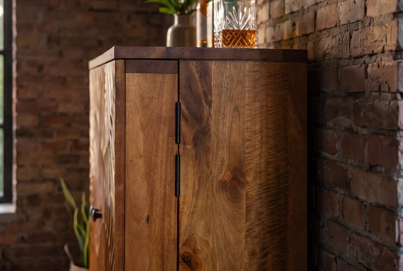 Meuble bar massif SCORPION 141cm en bois de manguier marron avec sculptures 3D élaborées