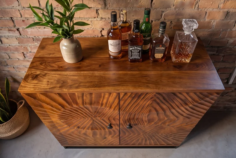 Meuble bar massif SCORPION 141cm en bois de manguier marron avec sculptures 3D élaborées