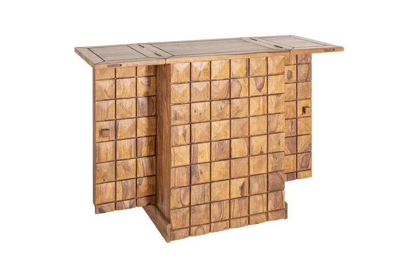 Meuble bar artisanal MOSAICO 130cm bois de sheesham marron finition pierre effet 3D