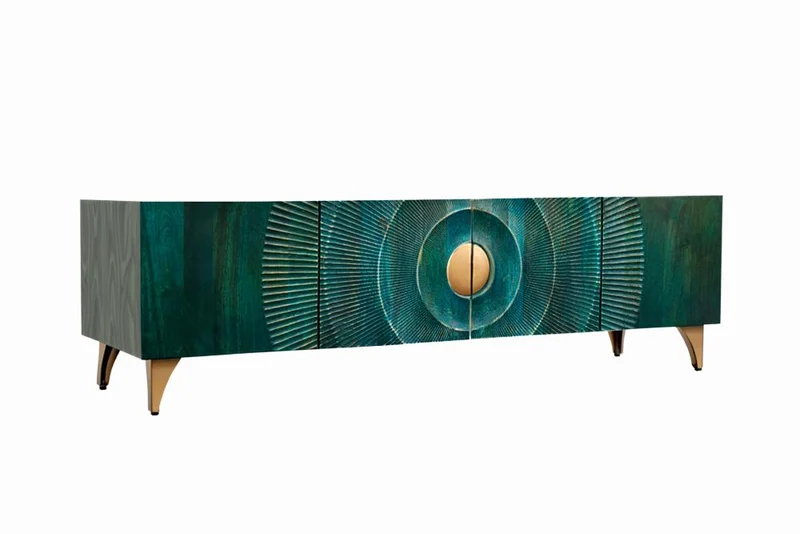 Massif meuble TV GOLDEN SUNSET 180 cm turquoise sculptures 3D dorées en bois de mangue et métal