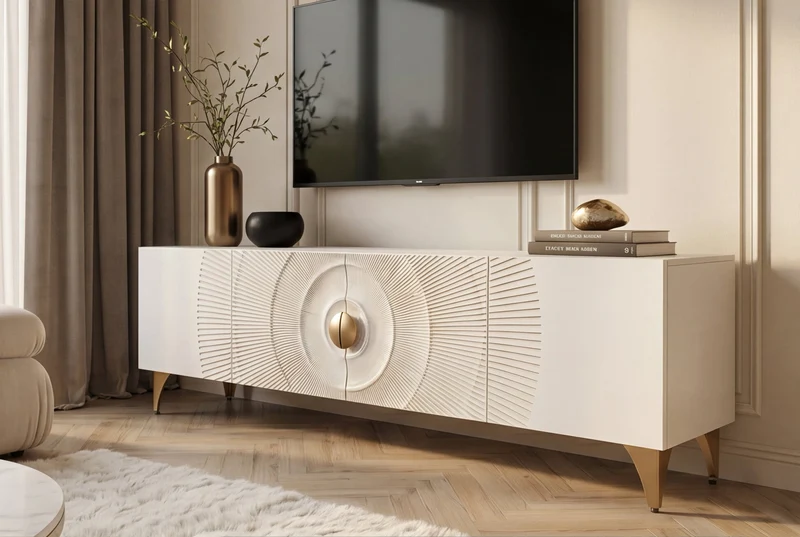 Buffet TV massif GOLDEN SUNSET 180cm or blanc bois de manguier sculptures 3D pieds métal