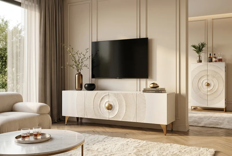 Buffet TV massif GOLDEN SUNSET 180cm or blanc bois de manguier sculptures 3D pieds métal