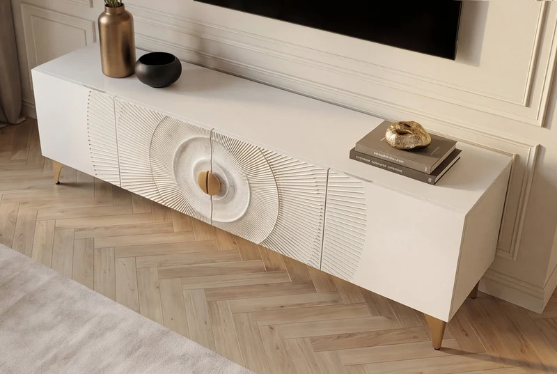 Buffet TV massif GOLDEN SUNSET 180cm or blanc bois de manguier sculptures 3D pieds métal
