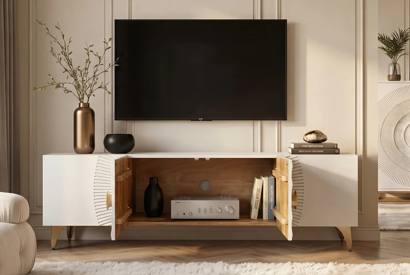 Buffet TV massif GOLDEN SUNSET 180cm or blanc bois de manguier sculptures 3D pieds métal
