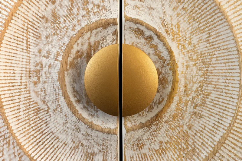Buffet TV massif GOLDEN SUNSET 180cm or blanc bois de manguier sculptures 3D pieds métal